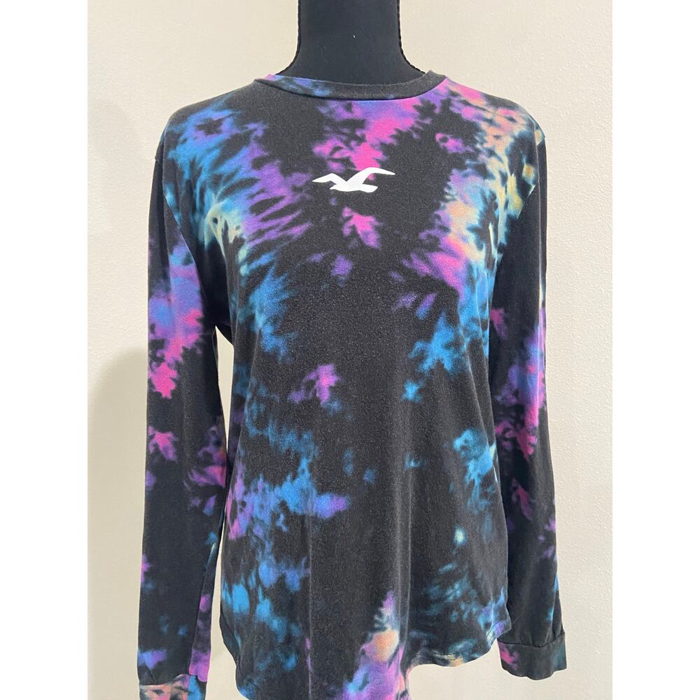 Hollister Tie Dye Long Sleeve Graphic Tee Shirt Women Small Black Multicolor